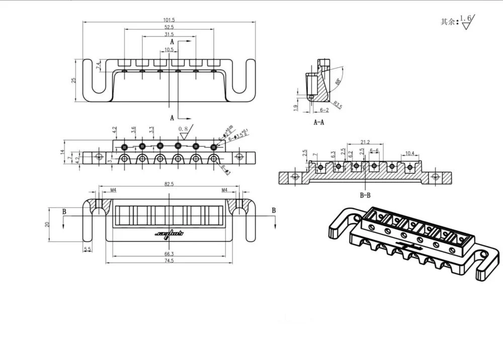 Guyker GM004 Wraparound Guitar Bridge with Locking Studs for 6-String Electric Guitar - Image 3